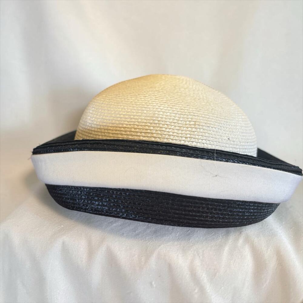 70s Herbert Bernard Ivory Black Straw Derby Church Hat Sculptural New York 22½